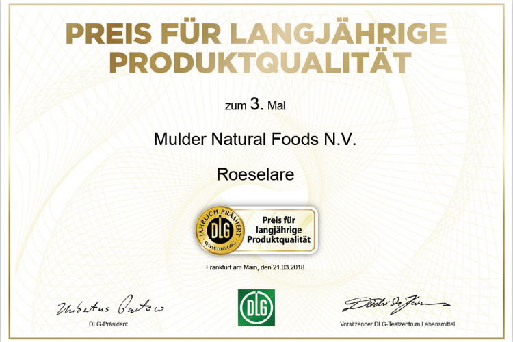 Mulder Natural Foods aus Roeselare (Belgien) erhält Preis für langjährige Produktqualität